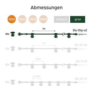 Illu Lichterkette Komplettset 10m -> 10 E27 Fassungen mit Dichtung zum Verschrauben verlngerbar Grn