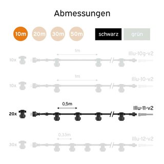 Illu Lichterkette Komplettset 10m -> 20 E27 Fassungen mit Dichtung zum Verschrauben verlngerbar