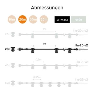 Illu Lichterkette Komplettset 20m -> 20 E27 Fassungen mit Dichtung zum Verschrauben verlngerbar