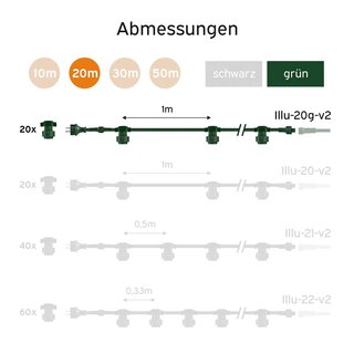 Illu Lichterkette Komplettset 20m -> 20 E27 Fassungen mit Dichtung zum Verschrauben verlngerbar Grn