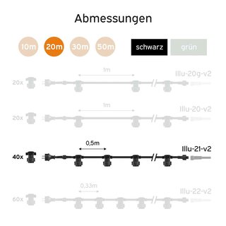 Illu Lichterkette Komplettset 20m -> 40 E27 Fassungen mit Dichtung zum Verschrauben verlngerbar