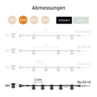 Illu Lichterkette Komplettset 20m -> 60 E27 Fassungen mit Dichtung zum Verschrauben verlngerbar