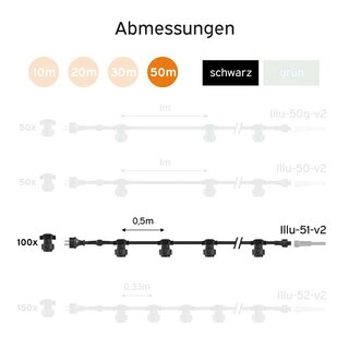 Illu Lichterkette Komplettset 50m -> 100 E27 Fassungen mit Dichtung zum Verschrauben verlngerbar