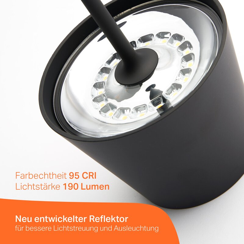 LED Akku Tischleuchte 2,2W 190lm CRI95 warmweiß für innen & außen dimmbar  mit induktiver Ladestation schwarz