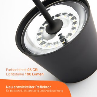 LED Akku Tischleuchte 2,2W 190lm CRI95 warmwei fr innen & auen dimmbar mit induktiver Ladestation schwarz