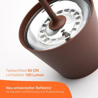 LED Akku Tischleuchte 2,2W 190lm CRI95 warmwei fr innen & auen dimmbar mit induktiver Ladestation Corten