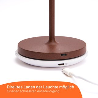 LED Akku Tischleuchte 2,2W 190lm CRI95 warmwei fr innen & auen dimmbar mit induktiver Ladestation Corten