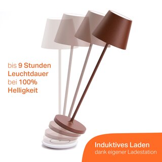 LED Akku Tischleuchte 2,2W 190lm CRI95 warmwei fr innen & auen dimmbar mit induktiver Ladestation Corten